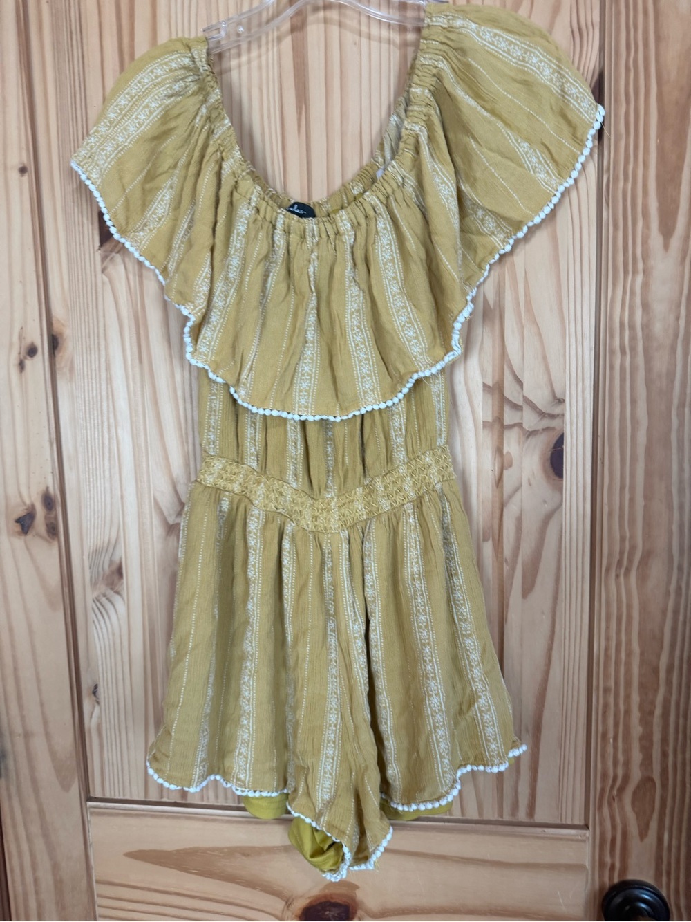 Boho Romper Off-Shoulder Mustard with White Crochet Trim